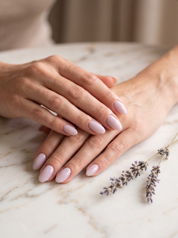 Dłonie po manicure hybrydowym w odcieniu mlecznej lawendy