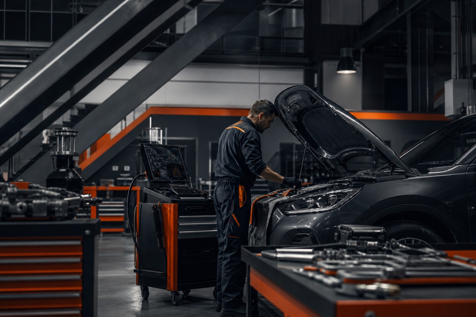 Mechanik pracujący przy samochodzie w nowoczesnym warsztacie